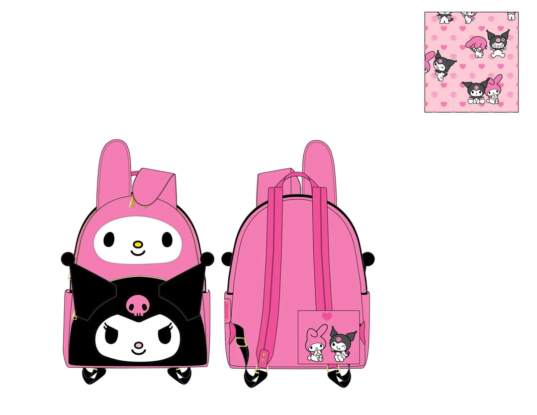 LOUNGEFLY SANRIO MY MELODY KUROMI DOUBLE POCKET MINI BACKPACK