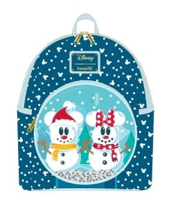 LOUNGEFLY DISNEY SNOWMAN MICKEY AND MINNIE MOUSE SNOW GLOBE MINI BACKPACK