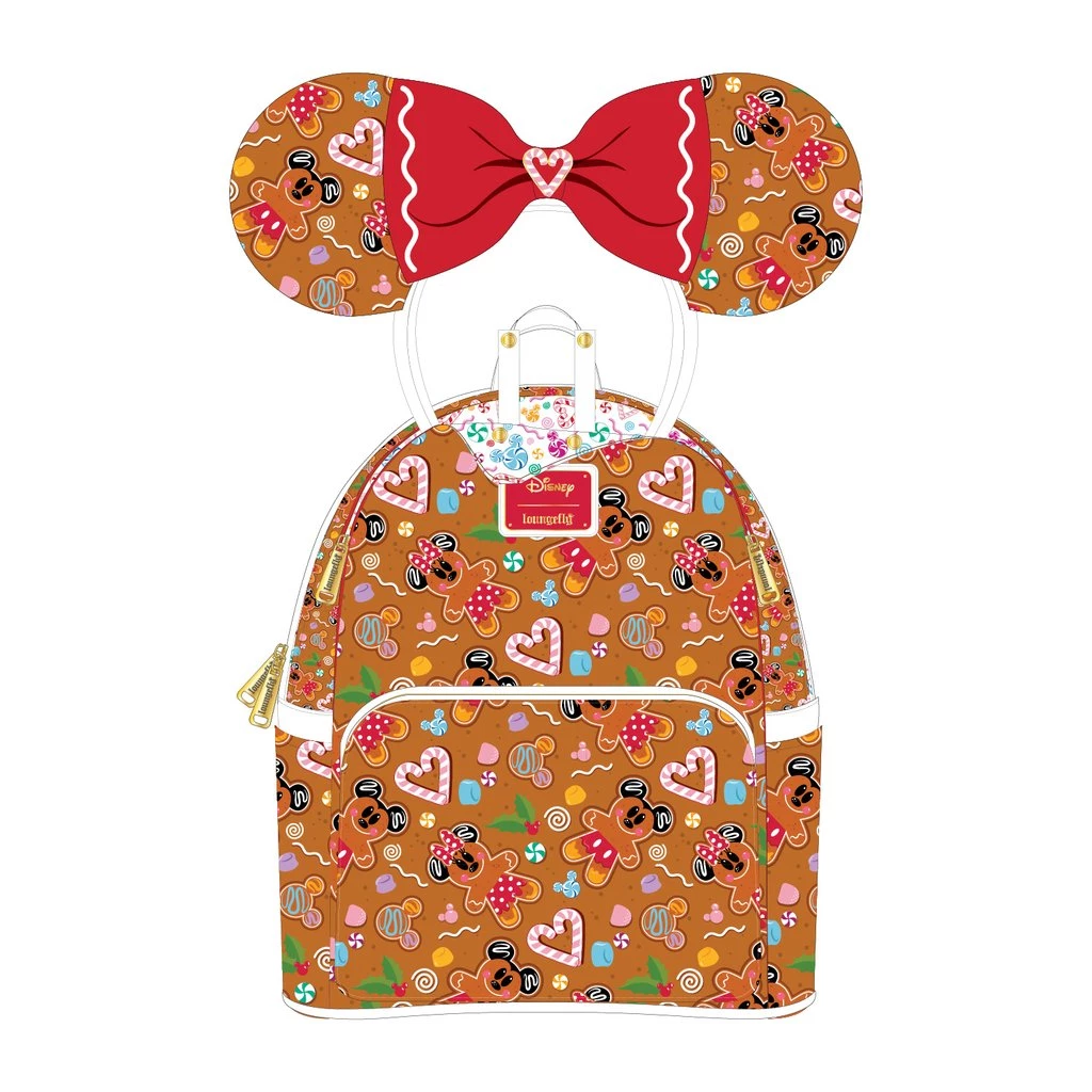 LOUNGEFLY DISNEY GINGERBREAD MICKEY AND MINNIE MOUSE MINI BACKPACK WITH EARS HEADBAND LOUNGEFLY SALE!