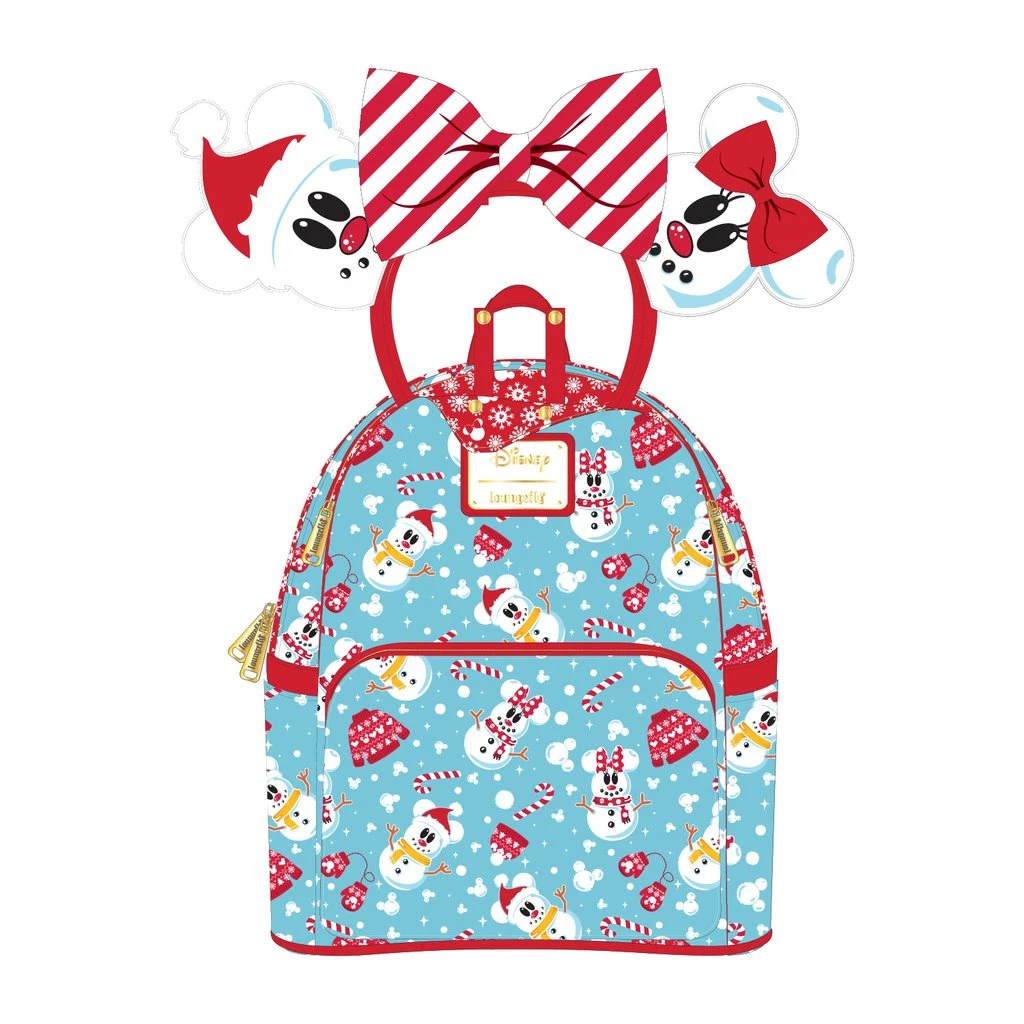 LOUNGEFLY SALE! LOUNGEFLY DISNEY SNOWMAN MICKEY AND MINNIE MOUSE MINI BACKPACK WITH EARS HEADBAND