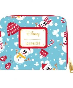 LOUNGEFLY DISNEY SNOWMAN MICKEY AND MINNIE MOUSE ZIP AROUND WALLET
