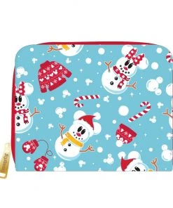 LOUNGEFLY DISNEY SNOWMAN MICKEY AND MINNIE MOUSE ZIP AROUND WALLET