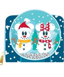 LOUNGEFLY DISNEY SNOWMAN MICKEY AND MINNIE MOUSE SNOW GLOBE ZIP AROUND WALLET LOUNGEFLY SALE!