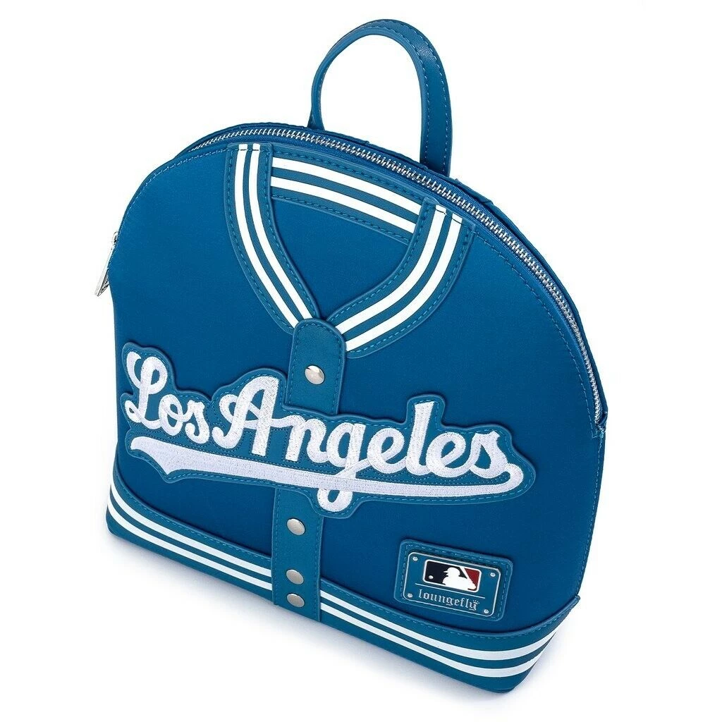 LOUNGEFLY MLB LOS ANGELES DODGERS SATIN CHENILLE LOGO JACKET CONVERTIBLE MINI BACKPACK