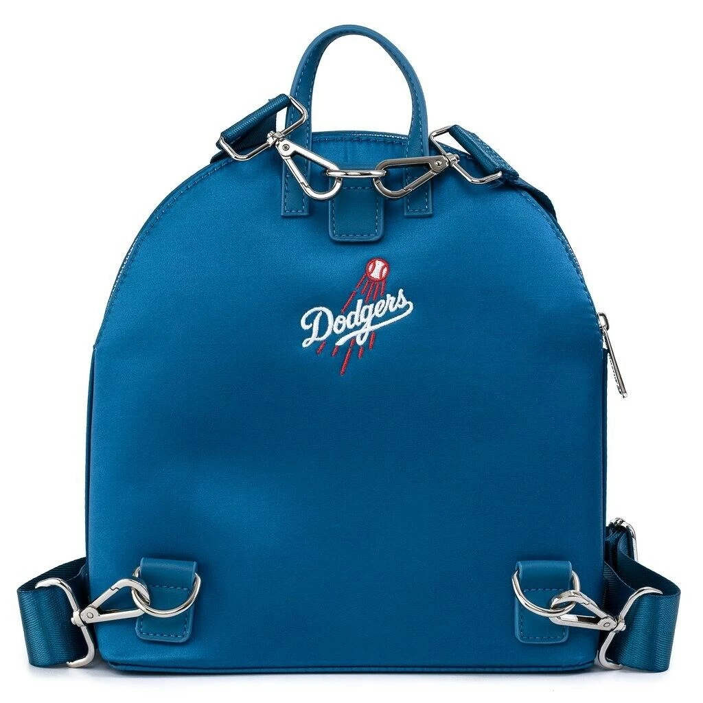 LOUNGEFLY MLB LOS ANGELES DODGERS SATIN CHENILLE LOGO JACKET CONVERTIBLE MINI BACKPACK